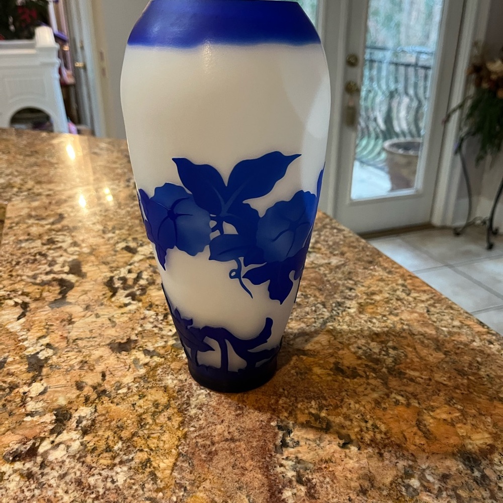 Reproduction Emile Galle vintage cameo blue and white glass vase